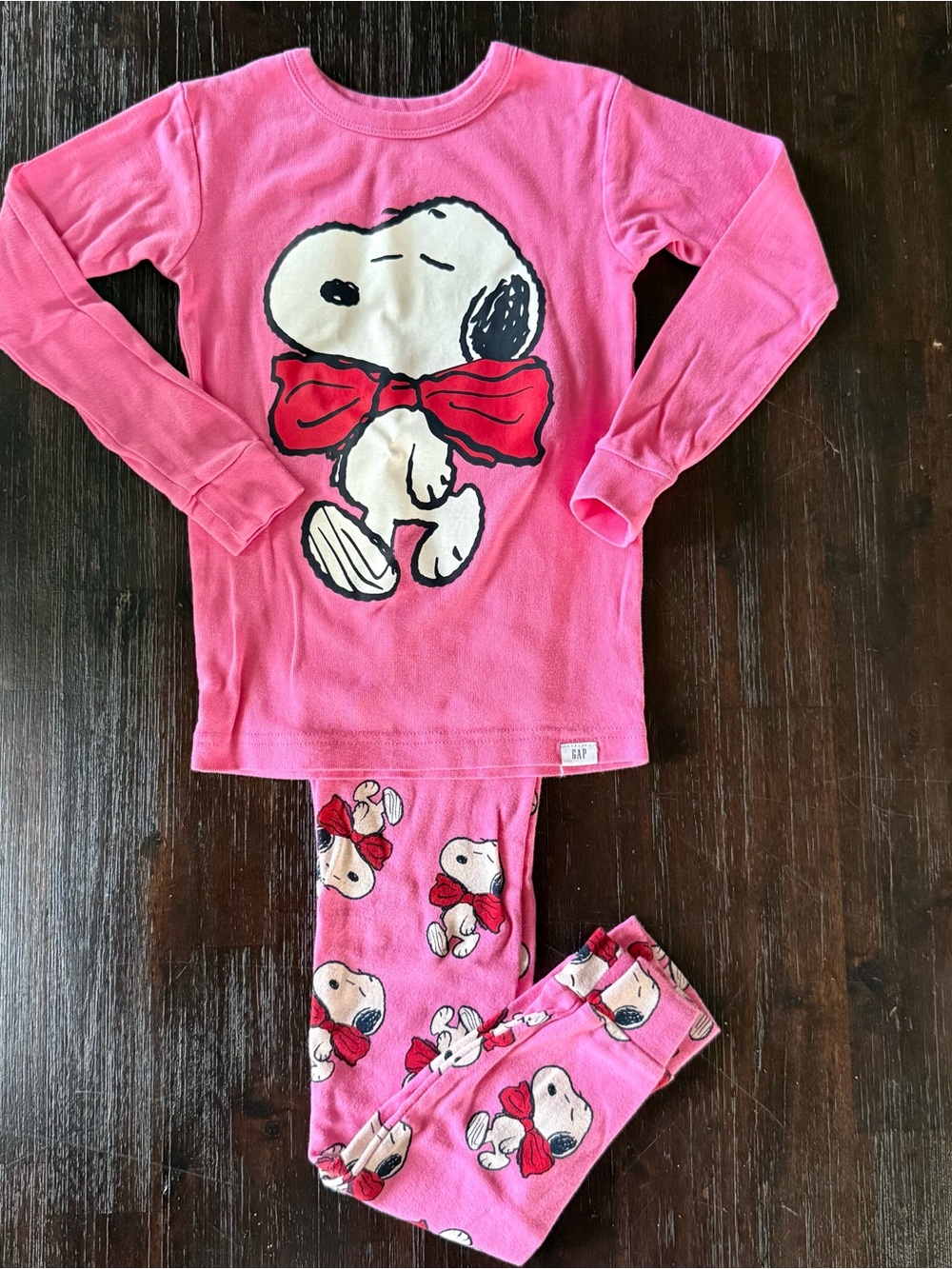 GAP Pink Snoopy Pajama Set with Red Bow